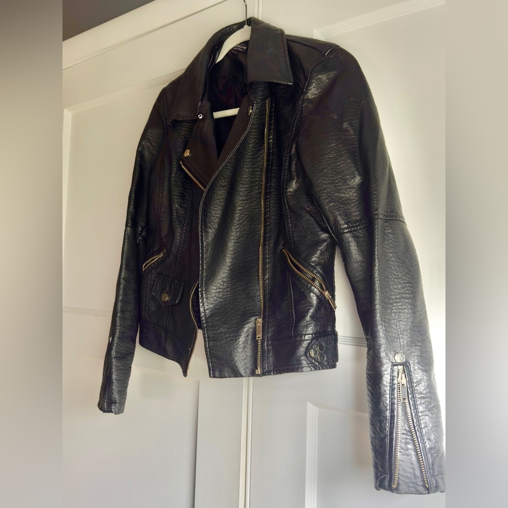 CoffeeShop Faux Black Leather Jacket with Gold Zippers - Picture 2 of 10
